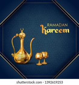 illustration of Ramadan Kareem (Generous Ramadan) greetings in Arabic freehand for Islam religious festival Eid with antique golden jug and drink glass