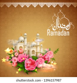 illustration of  Ramadan Kareem (Generous Ramadan) greetings in Arabic freehand with mosque for Islam religious festival Eid
