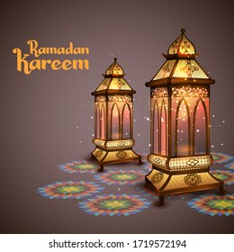 illustration of Ramadan Kareem (Generous Ramadan) greetings for Islam religious festival Eid with illuminated lamp