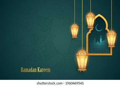 illustration of Ramadan Kareem (Generous Ramadan) greetings for Islam religious festival Eid with illuminated lamp