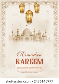 Illustration von Ramadan Kareem (Großzügiger Ramadan) Grüße für Islam religiöses Fest Eid mit beleuchteter Lampe