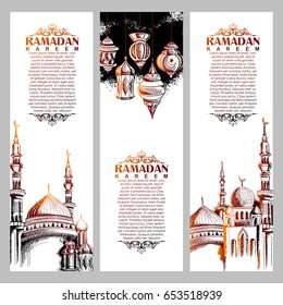 illustration of  Ramadan Kareem (Generous Ramadan) greetings in Arabic freehand with mosque for Islam religious festival Eid
