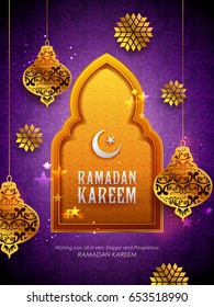 illustration of Ramadan Kareem (Generous Ramadan) greetings for Islam religious festival Eid with golden lamp