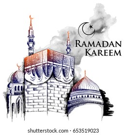 illustration of Ramadan Kareem (Generous Ramadan) greetings for Islam religious festival Eid with freehand sketch Mecca building