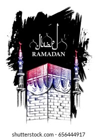 illustration of Ramadan Kareem (Generous Ramadan) greetings for Islam religious festival Eid with freehand sketch Mecca building