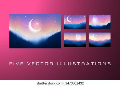 Illustration Ramadan Kareem. Greeting card with big moon, stars, night mountains. Graphic concept for your design