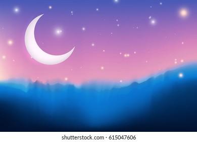 Illustration Ramadan Kareem. Greeting card with big moon, stars, night mountains. Graphic concept for your design