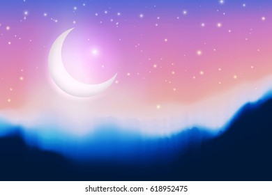 Illustration Ramadan Kareem. Greeting card with big moon, stars, night mountains. Graphic concept for your design