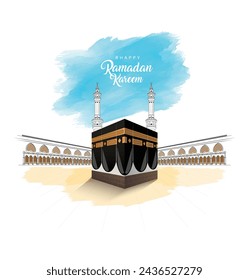 illustration of Ramadan Kareem  greetings for Islam religious festival Eid with freehand sketch Mecca Holy Kaaba in Mecca Saudi Arabia