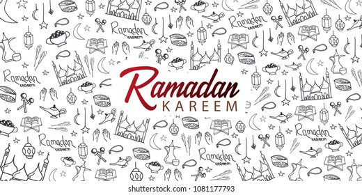 Illustration of Ramadan Kareem with hand draw doodle background for the celebration of Muslim community festival