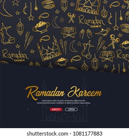 Illustration of Ramadan Kareem with hand draw doodle background for the celebration of Muslim community festival