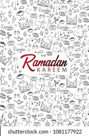 Illustration Of Ramadan Kareem With Hand Draw Doodle Background For The Celebration Of Muslim Community Festival