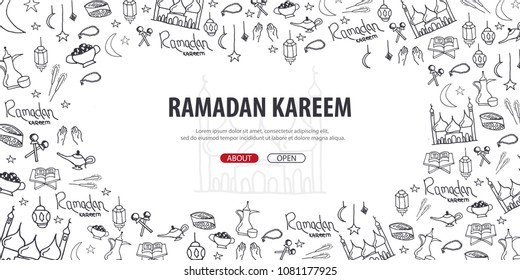Illustration Of Ramadan Kareem With Hand Draw Doodle Background For The Celebration Of Muslim Community Festival