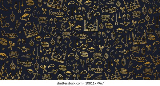 Illustration of Ramadan Kareem with hand draw doodle background for the celebration of Muslim community festival