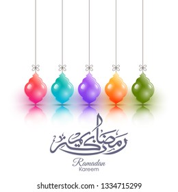 Illustration of Ramadan Kareem with intricate Arabic calligraphy and lamps for the celebration of Muslim community festival.