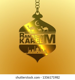Illustration of Ramadan Kareem with intricate Arabic lamp,mosque and camels for the celebration of Muslim community festival.