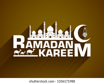 Illustration of Ramadan Kareem with intricate Arabic lamp,mosque and camels for the celebration of Muslim community festival.