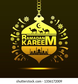 Illustration of Ramadan Kareem with intricate Arabic lamp,mosque and camels for the celebration of Muslim community festival.