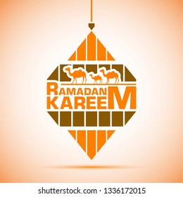 Illustration of Ramadan Kareem with intricate Arabic lamp and camels for the celebration of Muslim community festival.
