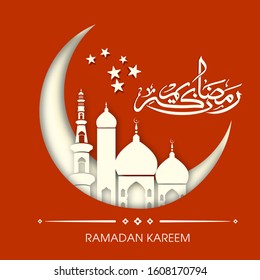 Illustration of Ramadan Kareem with intricate Arabic calligraphy and Mosque for the celebration of Muslim community festival.
