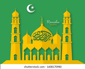 Illustration of Ramadan Kareem with intricate Arabic calligraphy and Mosque for the celebration of Muslim community festival.