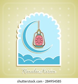 Illustration of Ramadan kareem with intricate Arabic window,moon and lamp for the celebration of Muslim community festival.