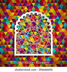 Illustration of Ramadan Kareem with intricate Arabic window for the celebration of Muslim community festival.