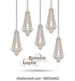 Illustration of Ramadan Kareem with intricate Arabic lamps for the celebration of Muslim community festival.