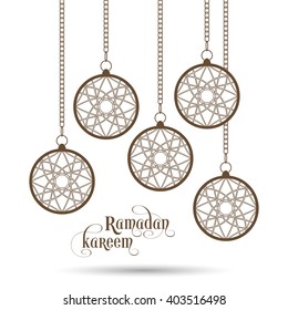 Illustration of Ramadan Kareem with intricate Arabic lamps for the celebration of Muslim community festival.