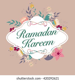 Illustration of Ramadan Kareem with intricate Arabic calligraphy for the celebration of Muslim community festival. Flowery pop art illustration with background colors