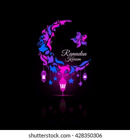Illustration of Ramadan Kareem with intricate Arabic lamp for the celebration of Muslim community festival. Free hand write with a modern lantern and stars specially for Ramadan.