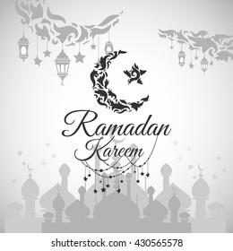 Illustration of Ramadan Kareem with intricate Arabic lamp for the celebration of Muslim community festival. Free hand write with a modern lantern and stars specially for Ramadan.
