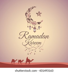 Illustration of Ramadan Kareem with intricate Arabic lamp for the celebration of Muslim community festival. Free hand write with a modern lantern and stars specially for Ramadan.