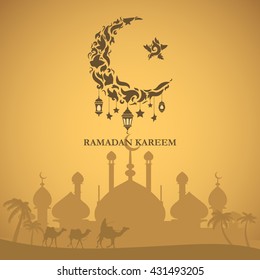 Illustration of Ramadan Kareem with intricate Arabic lamp for the celebration of Muslim community festival. Free hand write with a modern lantern and stars specially for Ramadan.