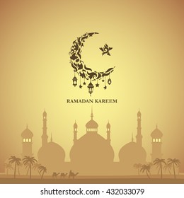 Illustration of Ramadan Kareem with intricate Arabic lamp for the celebration of Muslim community festival. Free hand write with a modern lantern and stars specially for Ramadan.
