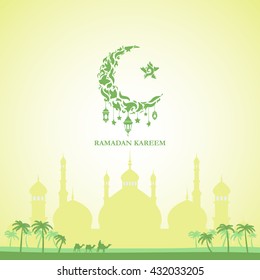 Illustration of Ramadan Kareem with intricate Arabic lamp for the celebration of Muslim community festival. Free hand write with a modern lantern and stars specially for Ramadan.