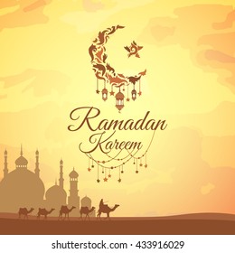 Illustration of Ramadan Kareem with intricate Arabic lamp for the celebration of Muslim community festival. Free hand write with a modern lantern and stars specially for Ramadan.