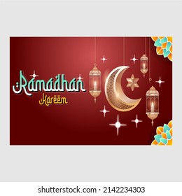 illustration, ramadan kareem. with lamp ornaments and red begron moon.