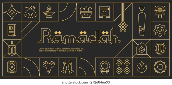 Illustration ramadan kareem monoline muster mit verschiedenen hell gefärbt islamic ikonen und symbole