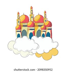 illustration of ramadan kareem mosque above the cloud painting style ,isolated on white background. for happy ramadan mubarak greeting card.