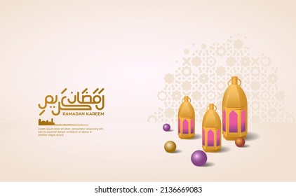 Illustration Ramadan Kareem Mubarak (Muslim Fasting Month) and Creative Arabic Calligraphy  3D Lantern   Islamic Pattern for Greeting Badges  Background  Card  Template etc    Vector Stock 