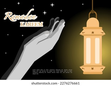 Illustration of Ramadan Kareem with praying hands in dark night, Background Business Label, Invitation Template, social media etc. ramadan kareem themed flat vector illustration.