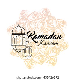Illustration of Ramadan kareem and Ramadane mubarak with lantern. Traditional greeting card wishes holy month moubarak and karim for muslim and arabic