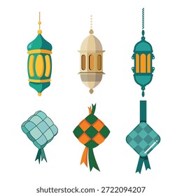 Ilustración de la linterna de Ramadán y Ketupat Eid al Fitr elemento de Vector de icono de conjunto. Ramadán Eid al Fitr elemento de Vector