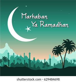 Illustration of Ramadan with mosque valley and coconut tree in the night With a crescent moon