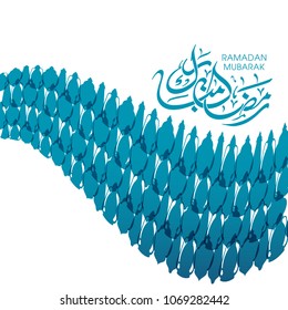 Illustration of Ramadan Mubarak with Arabic calligraphy and lamps for the celebration of Muslim community festival.