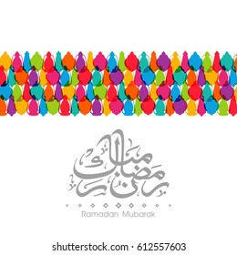 Illustration of Ramadan Mubarak with Arabic calligraphy and lamp for the celebration of Muslim community festival.
