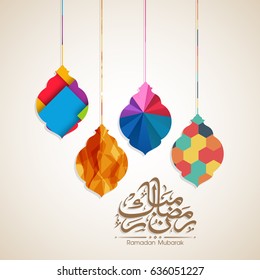 Illustration of Ramadan Mubarak with Arabic calligraphy and lamps for the celebration of Muslim community festival.