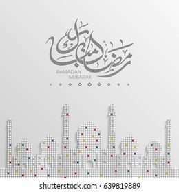 Illustration of Ramadan Mubarak with Arabic calligraphy and mosque for the celebration of Muslim community festival.