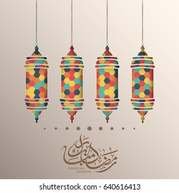 Illustration of Ramadan Mubarak with Arabic lamps and calligraphy for the celebration of Muslim community festival.